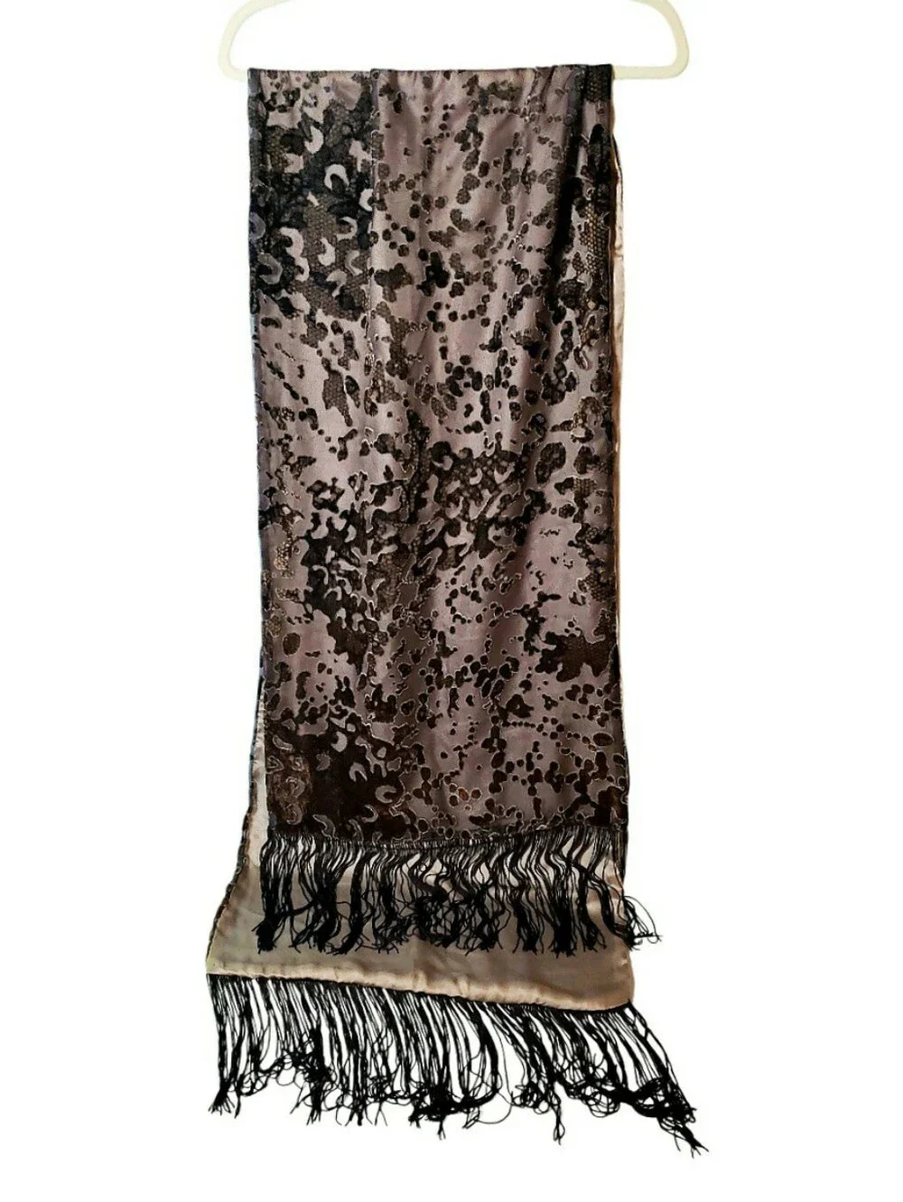 Nanette Lapore Brown Grey Burnout Velvet Abstract Animal Long Fringe Scarf Wrap